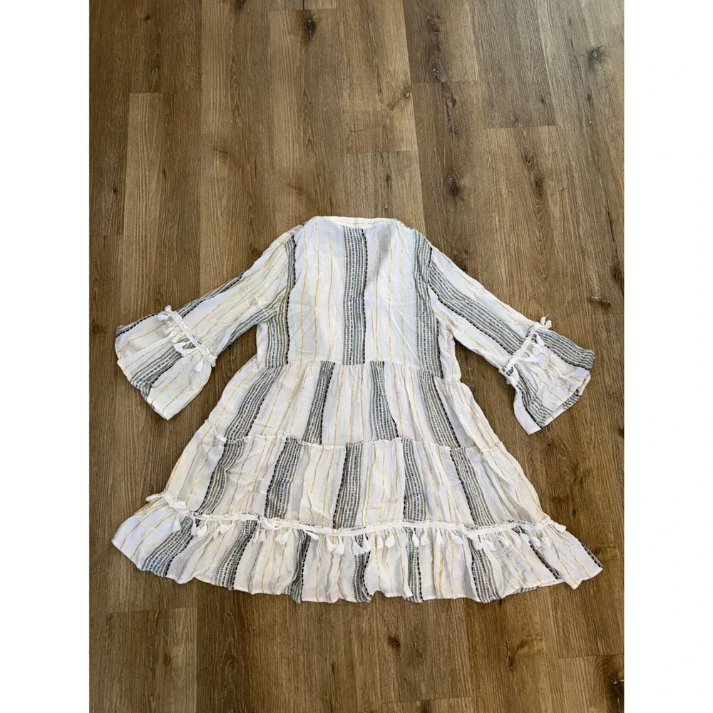 Paani Mini Dress Womens Small White Blue Gold Metallic‎ Boho Tassel Tiered